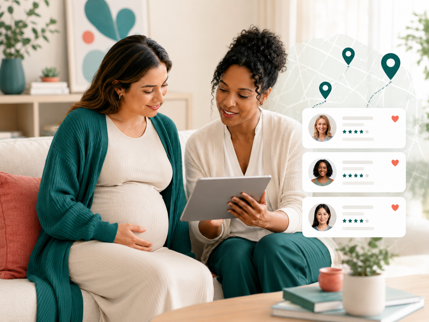 Doula helping pregnant woman find care on tablet